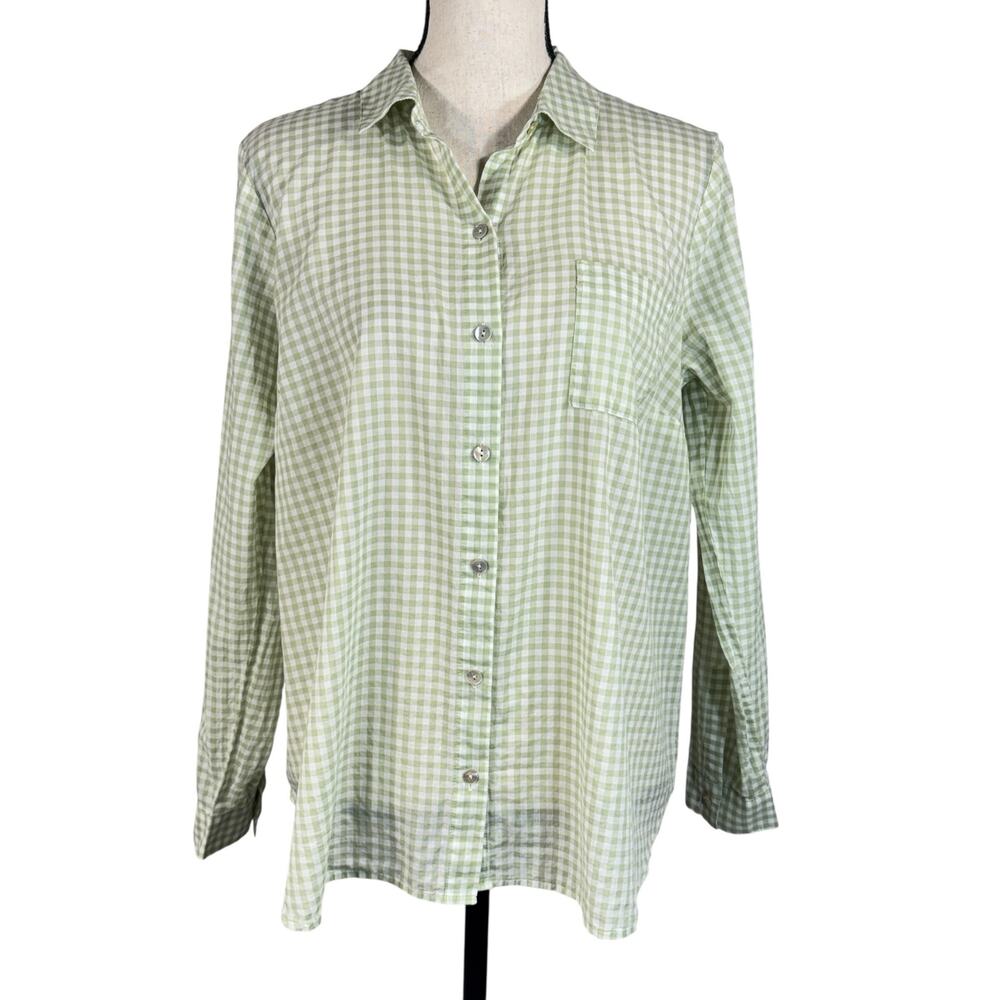 J.Jill Medium Top Button-Up Long Sleeve Lightweight Gingham Plaid  Semi-Sheer